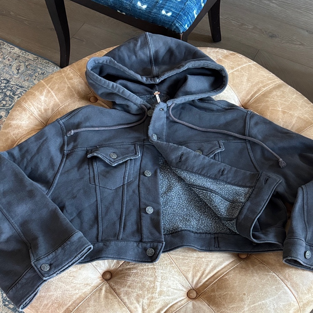 Free People Black/Gray Hooded Cropped Jacket Size Small
